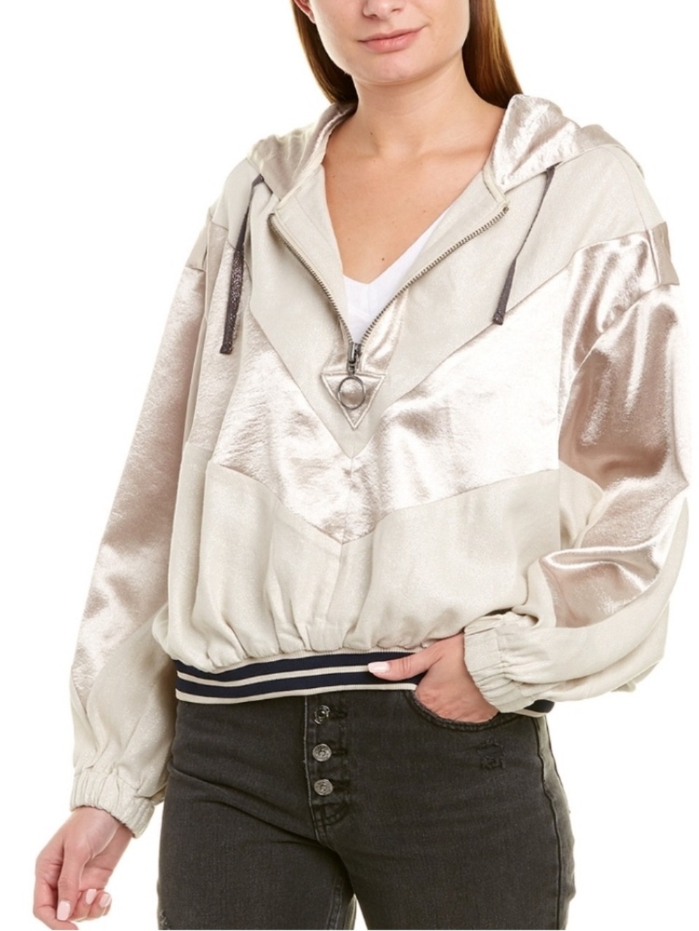 Free People Shimmer Panel Half-Zip Hooded Pullover in Champagne and Cream
